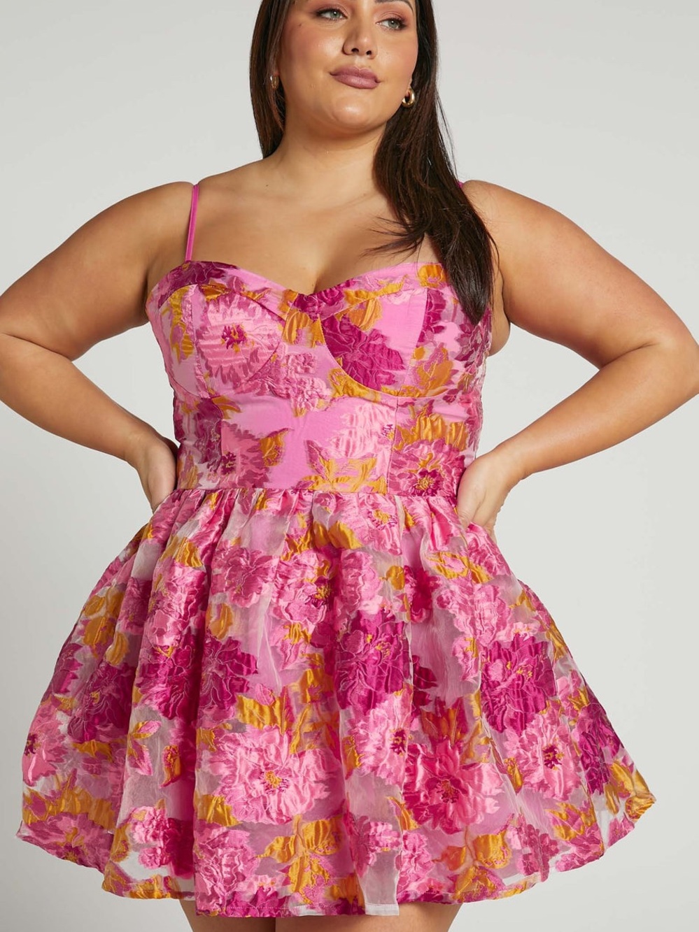 Showpo Pink and Gold Floral Bustier Mini Dress